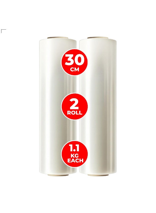 UKR Heavy Duty Stretch Film Wrap Roll 30cm | 1.1KG Each 900g Film 200g Core Tear-Resistant Clear Plastic Shrink Wrap for Packing, Moving, Pallet Wrapping, Warehouse, Storage & Shipping - 2 Roll - Image 1
